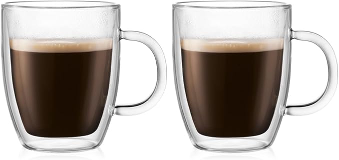 Bodum 10oz Bistro Double Wall Insulated Mug, High-Heat Borosilicate Glass, Set of 2, Clear
