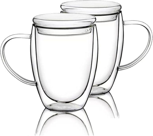 12 Oz Double Walled Glass Coffee Mugs, 2 Packs Clear Coffee Mugs with Lids Insulated Coffee Cups with Handle Perfect for Cappuccino,Tea,milk ,Espresso,Latte, Hot Beverage Set of 2 (Glass lid, 12oz)