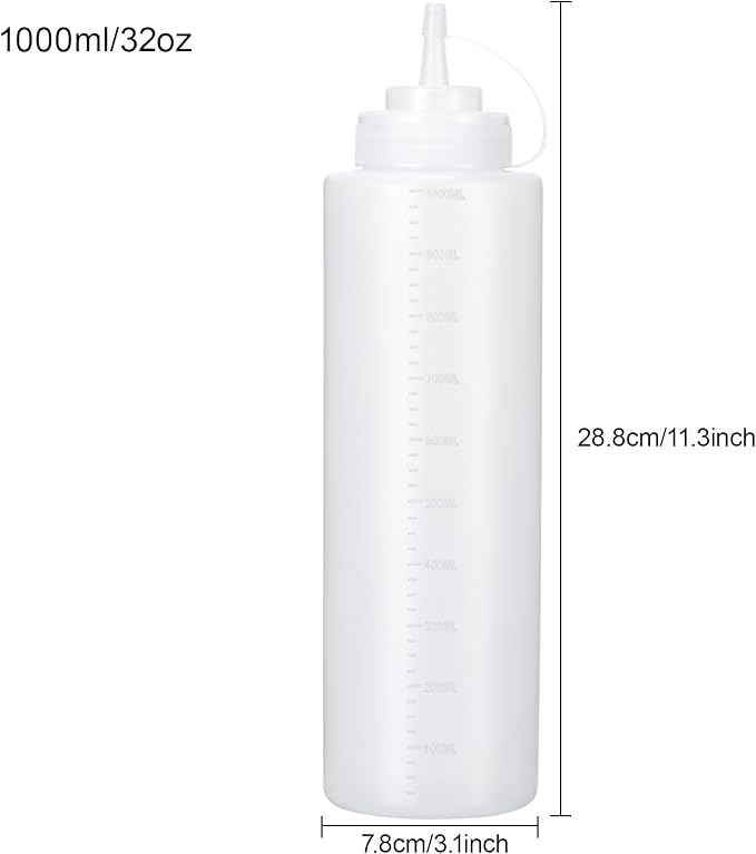 Katfort Condiment Squeeze Bottles Ketchup Dispenser, 6 Pack 32oz Squeeze Bottles for Liquids, Plastic Sauce Bottle with Cap Lid, Squirt Bottles for Sauces Liquids BBQ Dressing Pancake Art