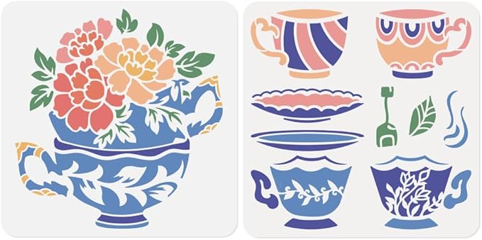 2sheet Coffee & Tea Cups Flowers Wall Stencils for Painting, 11.8"x11.8" Cup Plate Reusable Stencils for Kitchen, Paint Templates DIY Craft Art Stencils on Wood Fabric Canvas Furniture Journal
