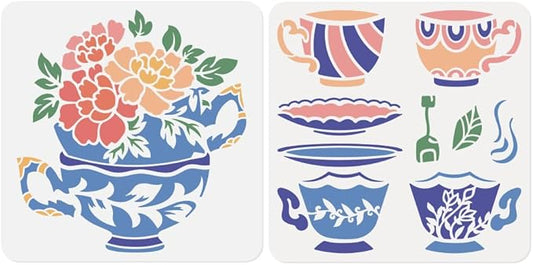 2sheet Coffee & Tea Cups Flowers Wall Stencils for Painting, 11.8"x11.8" Cup Plate Reusable Stencils for Kitchen, Paint Templates DIY Craft Art Stencils on Wood Fabric Canvas Furniture Journal