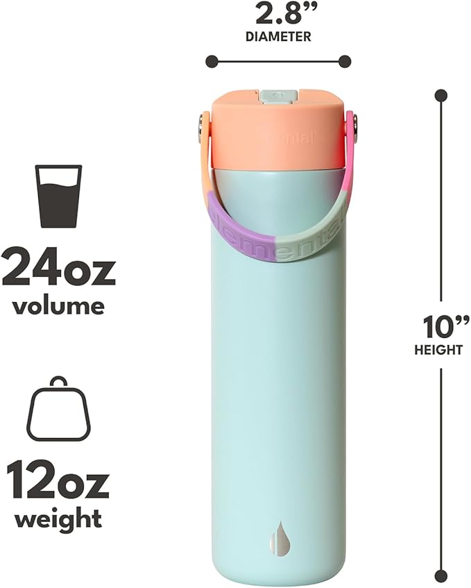 Elemental 24oz Insulated Water Bottle with Straw - 100% Leak-Proof Stainless Steel Core Water Bottles for Travel, Sports & Gym - Fits in Car Cup Holder - BPA Free Double Wall Insulation - Mint Sorbet
