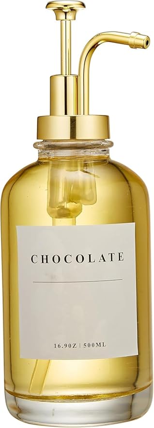 Coffee Syrup Dispenser for Coffee Bar, Coffee Syrup Pump Dispenser, Glass Syrup Bottle with Gold Upgraded Pump, 1 Pack 16.9 oz 500 ml Syrup Dispensers, 28 Labels