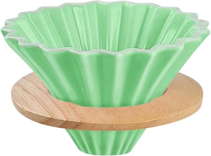 Ceramic Coffee Dripper with Wood Cup Stand Pour Over Coffee Maker Elegant Flower-shape V60 Strainer for 1-2 Cups Slow Brewing Accessories for Home Coffee Shops Restaurants Green