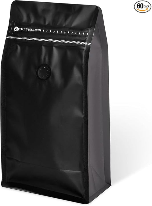Coffee Bags with Valve(60pcs,16oz,1lb) Vented Coffee Beans Packaging Bags High Barrier Aluminumed Foil Flat Bottom Heat Sealed Side Zipper Resealable Storage Bag for Home or Business（Black+Gray）