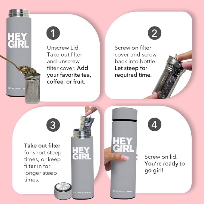 Hey Girl Tea Infuser Bottle 450ml - Insulated Stainless Steel Water Bottle - Tea Tumbler with Tea Diffuser - Portable Travel Mug for Loose Leaf Tea & Infused Water - Tea Lovers Gifts for Women