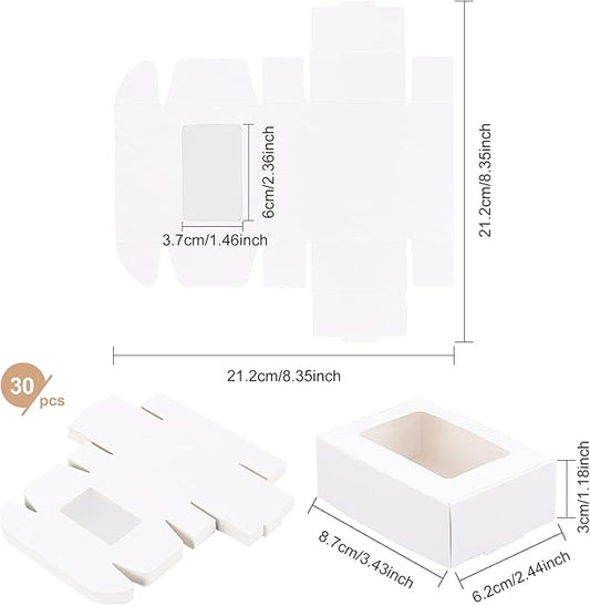 BENECREAT 30 Pack White Kraft Paper Boxes with Clear Window 3.3x2.3x1.1 Inch Gift Packaging Boxes for Bakery Cookies Cake Candy Wedding Party Favors