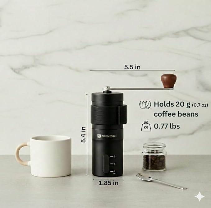 Manual Coffee Grinder with Ceramic Conical Burr - AeroPress Compatible Hand Coffee Mill with Click-Lock Stepless Adjustment - Portable Precision Espresso Grinder for Camping, Home & Travel