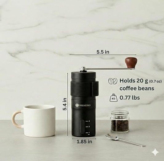 Manual Coffee Grinder with Ceramic Conical Burr - AeroPress Compatible Hand Coffee Mill with Click-Lock Stepless Adjustment - Portable Precision Espresso Grinder for Camping, Home & Travel