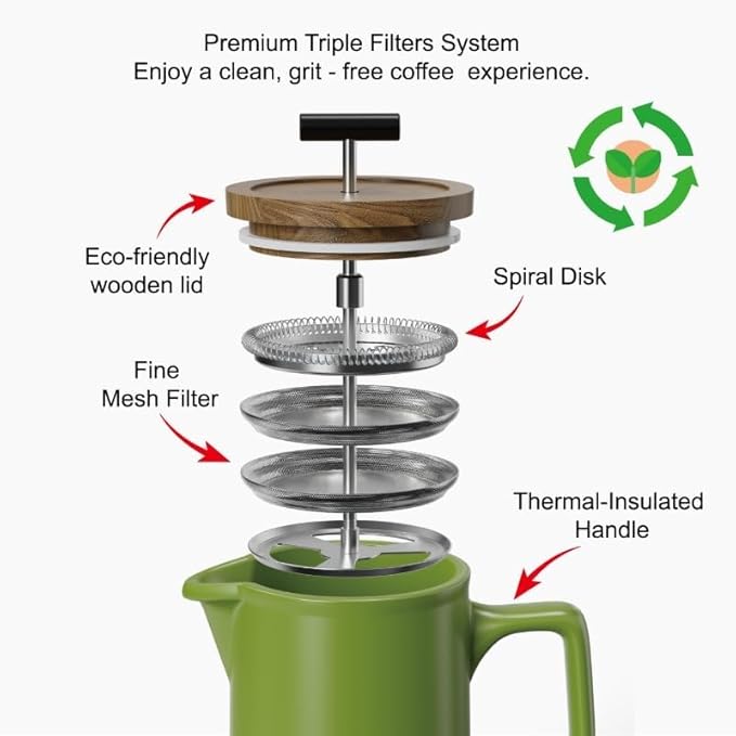 DHPO Ceramic French Press Coffee Maker, 22oz Single Serve Coffee Press with Walnut Wood Lid, Lead-Free, Food Grade Stainless Steel Filter with Dual Screen for Coffee and Loose Tea, Green