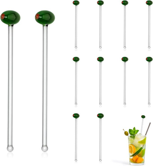 12 Pcs Glass Martini Drink Stirrers 7 Inch Olive Swizzle Sticks for Cocktails Coffee Reusable Olive Beverage Stir Sticks for Birthday Party Coffee Bar Kitchen Bar Weddings