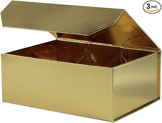 Upgrade 3PCS Gold Gift Box 9.5x7x4 Inches, Sturdy With Lid for Packaging, Foldable Magnetic Closure Storage, Bridesmaid Proposal, Rectangle Collapsible