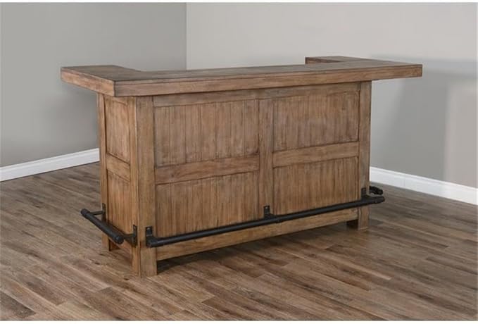 Pemberly Row 80" Farmhouse Wood Home Bar Unit, Stemware Rack, Wine Storage, Freestanding, in Taupe Brown