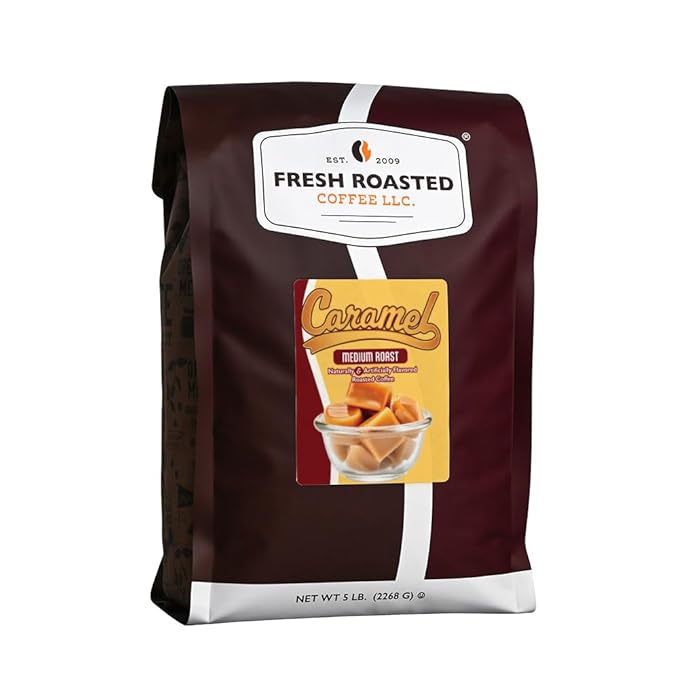 Fresh Roasted Coffee, Caramel Flavored Coffee, 5 lb (80 oz), Medium Roast, Kosher, Ground