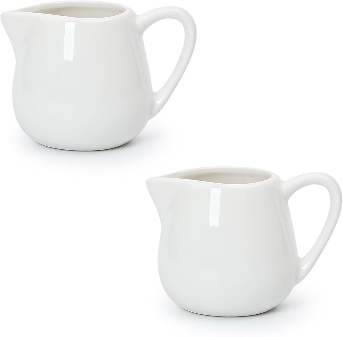 Koythin 2-Piece Ceramic Small Coffee Creamers, Tiny Creamer Pitcher for Milk Sauces Chocolate Jam, Adorable White Milk Pitchers for Parties Afternoon Tea, Salad Dressing Container (4.3 oz/125 ml)