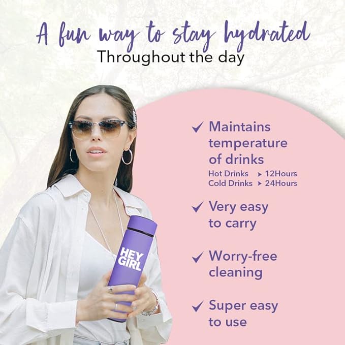Hey Girl Tea Infuser Bottle 450ml - Insulated Stainless Steel Water Bottle - Tea Tumbler with Tea Diffuser - Portable Travel Mug for Loose Leaf Tea & Infused Water - Tea Lovers Gifts for Women