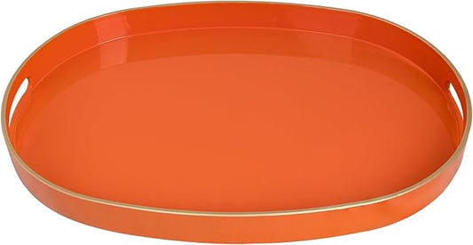 MAONAME Orange Decorative Tray, Oval Serving Tray with Handles, Plastic Trays for Coffee Table, Ottoman Trays for Living Room, Bathroom, 15.6" X 10.6" X 1.4"