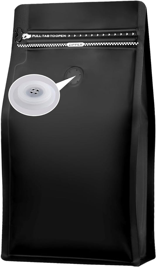 REMTAP Coffee Bags with Valve(50 pcs,16 oz/1 lb) Black High Barrier Aluminum Foil Flat Bottom Standing Empty Coffee Beans Storage Bag,Reusable Heat Sealable Side Zipper Pouches for Home or Store