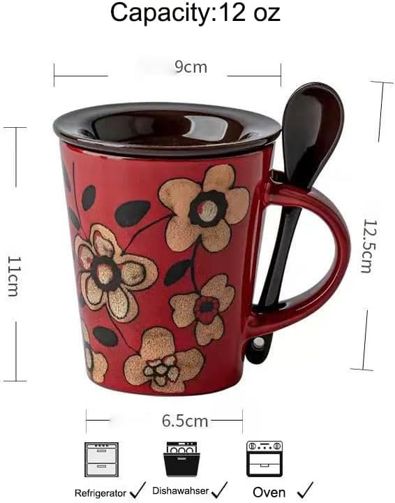 Coffee Mugs 12 oz with Spoon and Lid, Novelty Ceramic Coffee Cups for Latte, Hot Tea, Cappuccino, Mocha, Cocoa, Farmhouse Housewarming Wedding Present Christmas Mug Set - Set of 1 Flower Khaki 11.6oz
