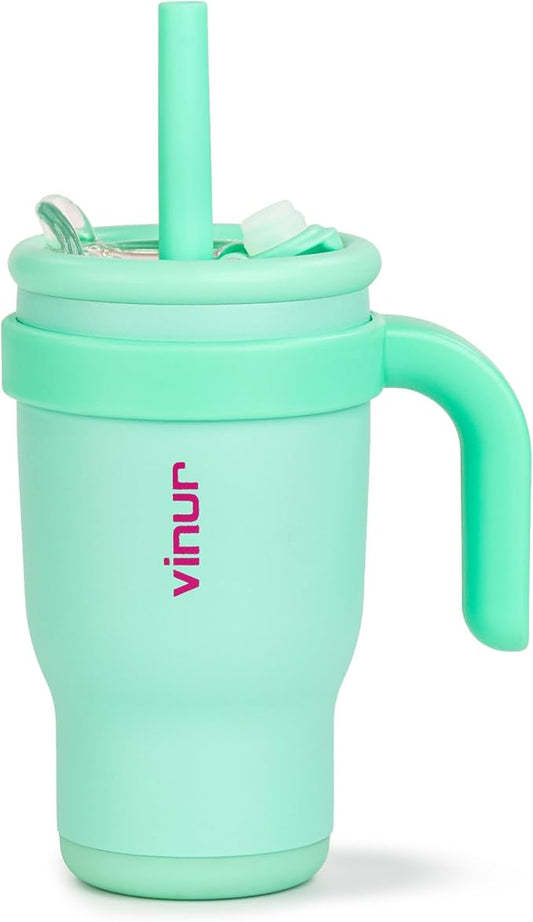 VINUR Kids 14 oz Tumbler with Handle and Straw Lid - Leak Resistant-Reusable Stainless Steel Insulated Tumbler Mug with Rubber Base-Cup Holder Friendly, Teal