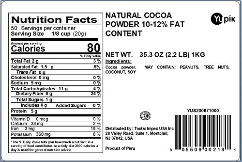 Yupik Natural Cocoa Powder, Unsweetened, 2.2 lb (35.2 oz), Gluten-Free, GMO-Free, Kosher, Vegan, Dairy-Free, No Sugar Added, No Additives, Excellent Source of Fiber & Iron, Ideal for Baking & Topping