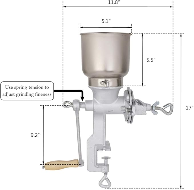 Hand-Crank Grain Mill, High Hopper Cast Iron Manual Grain Mill with Desktop Clip System, Heavy-Duty Grain Grinder, Coffee Grinder - Dry & Wet Grinding for Wheat, Grain