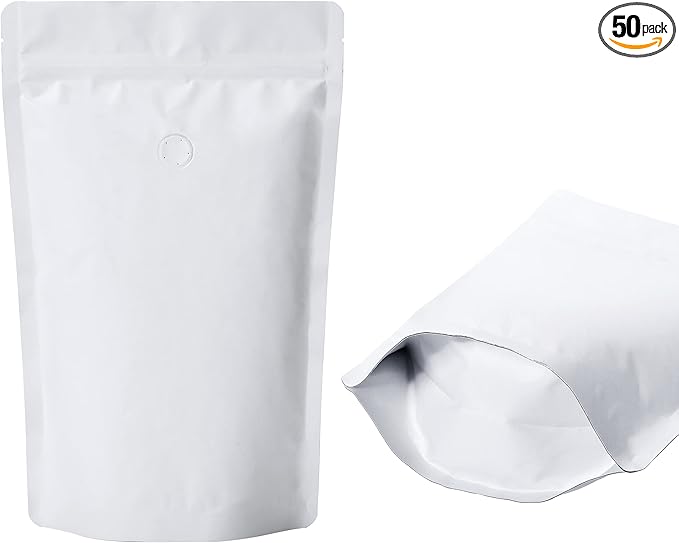 16 Ounce 50 Pieces White Kraft Coffee Bags with Ziplock - High Barrier Natural Kraft Paper Stand up Coffee Pouches with One Way Degassing Valve & Zipper (50, 16oz/1lb/500gram)