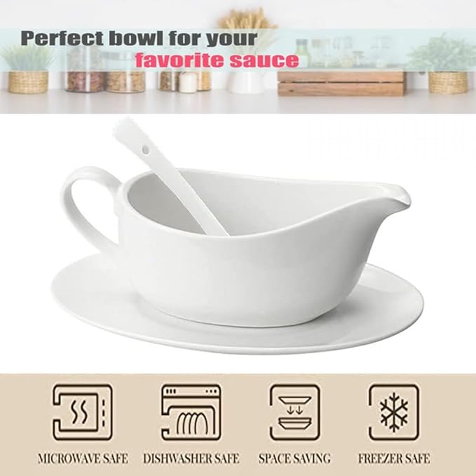 Qlans Gravy Boat With Ladle and Saucer 17 Oz,Ceramic Sauce Boat with Tray for Salad Dressings Milk,Warming Sauces,Creamer,Broth,Black Pepper,White (1 PCS New Gravy Boat With Ladle and Saucer)