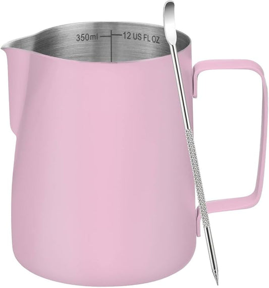 Milk Frothing Pitcher, 12 oz Milk Frother Cup with Clear Scale, 304 Stainless Steel Cappuccino Espresso Machine Accessories for Barista Coffee Bar with Latte Art Pen, Pink