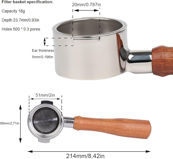 51mm Bottomless Portafilter 2 Ears Compatible with De'Longhi Stilosa EC260BK | Wooden Handle