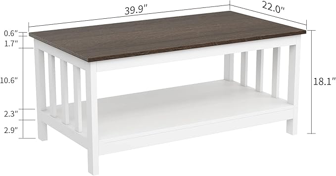 ChooChoo Farmhouse Coffee Table, White Living Room Table with Shelf, 40 Inch