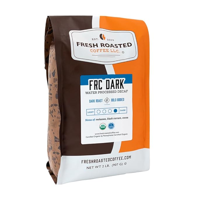 Fresh Roasted Coffee, Organic FRC Dark Water-Processed Decaf | USDA Organic, Kosher | Dark Roast 2 lb (32 oz) Whole Bean