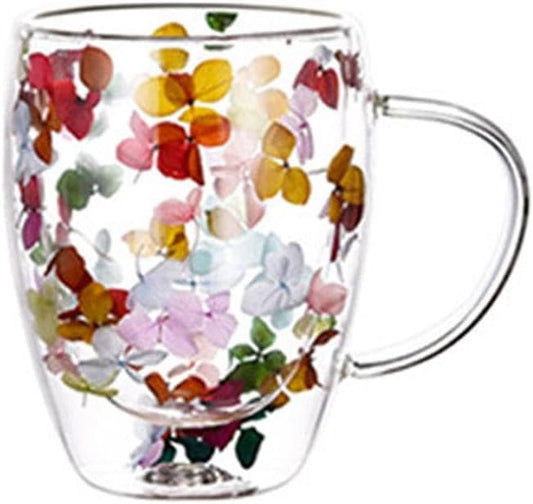 Dried Flowers Double Wall Clear Glass Coffee Mugs,Creative Clear Glass Cups with Handle, Double Insulated Glass Cup, 350ml Glass Coffee Cups