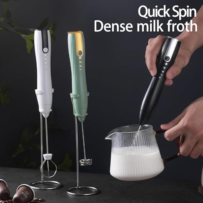 Ruciko Rechargeable 3-Speed Electric Milk Frother,Stainless Steel,Mini Handheld.Quick Type-C Charging for Lattes,Coffee,Egg Whipping & Hot Choc.With Double-Layer Frothing Head & Stand.(black)