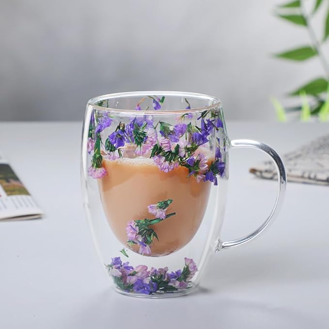 Double Glass Flower Tea Cup, Aesthetic Preserved Flower Cup, Cute Insulated Tea Cup with Handle, Heat Resistant & Lead-free Coffee Mugs, Gifts for Birthday Mother's Day, Perfect for Women Wife Mom (C)