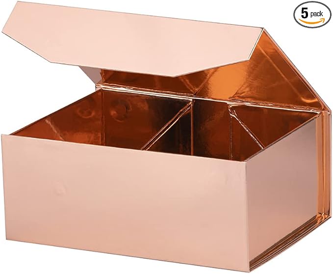 Upgrade 5PCS Rose Gold Gift Box 9.5x7x4 Inches, Sturdy Gift Box with Lid for Gift Packaging, Foldable Magnetic Closure Storage Boxes, Bridesmaid proposal box, Rectangle Collapsible Box