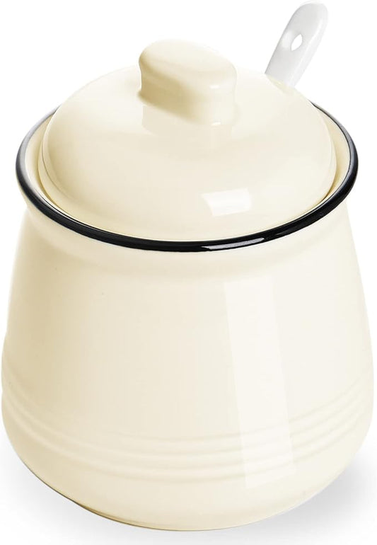 HAOTOP Porcelain Salt Bowl with Lid and Spoon,Ceramic Sugar Bowl 12oz (Beige)
