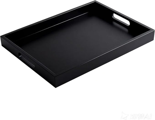 Krismax Wooden Serving Tray with Handles, Serving Platter 15.7x11.4 Inch Food Drinks Tray for Coffee Table,Decorative Storage Tray for Entertaining, Breakfast Tray in Bed,Lunch,Dinner,BBQ(Black)