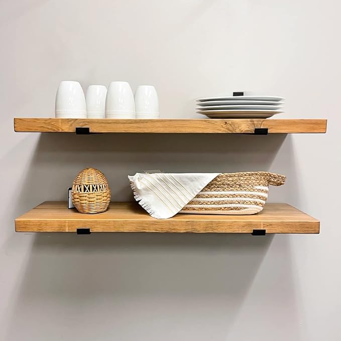 Rustic Shelves with J-Brackets Set of 2, Industrial Shelf, Kitchen Shelves, Solid Wood, Decorative Wall Storage, Heavy Duty, URBANDI (Brown, 24Wx6D)