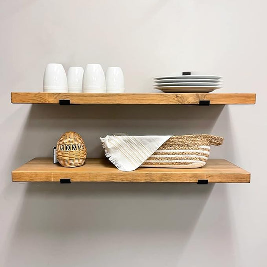 Rustic Shelves with J-Brackets Set of 2, Industrial Shelf, Kitchen Shelves, Solid Wood, Decorative Wall Storage, Heavy Duty, URBANDI (Brown, 12Wx10D)