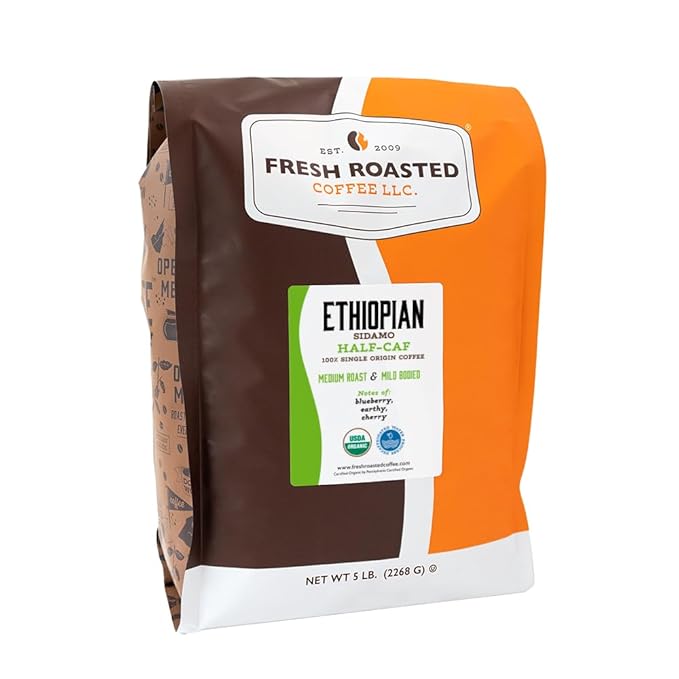 Fresh Roasted Coffee, Organic Ethiopian Sidamo Water-Processed Half-Caf | USDA Organic, 100% Single Origin, Kosher | Medium Roast 5 lb (80 oz) Whole Bean