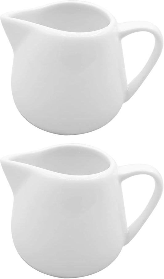Classic White Ceramic Creamer Pitcher Set of 2 – 4 oz, Handle, Microwave & Freezer Safe (2, 4oz)