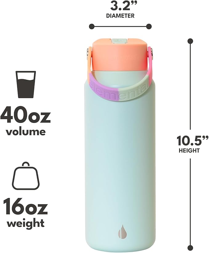 Elemental 40oz Insulated Water Bottle with Straw - 100% Leak-Proof Stainless Steel Core Water Bottles for Travel, Sports and Gym - Double Wall Insulation & BPA Free - Mint Sorbet
