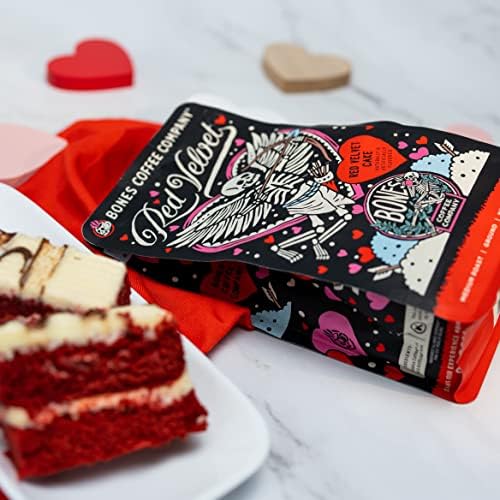 Bones Coffee Company Red Velvet Flavored Coffee Beans, Medium Roast Ground Coffee Low Acid, Red Velvet Cake Flavor (12 oz)