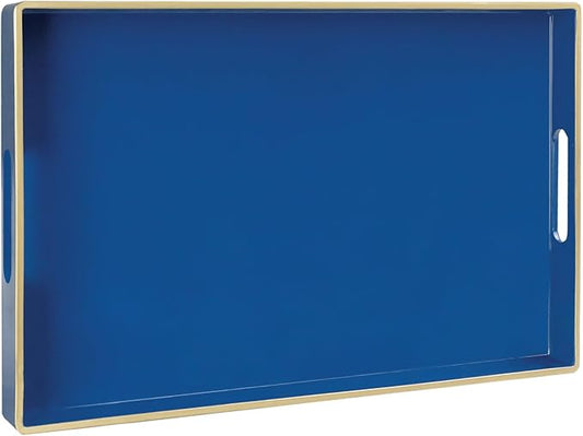 MAONAME Navy Blue Serving Tray with Handles, Modern Decorative Trays for Coffee Table, Plastic Rectangular Trays for Ottoman, Bathroom, Decor, 15.8” x 10.2” x 1.4"