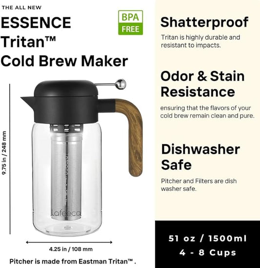 LAFEECA Cold Brew Coffee Maker - Iced Tea Brewer with Airtight Lid - Stainless Dual Ultra Filter - Tritan Pitcher - 1500 ml / 51 oz - Black