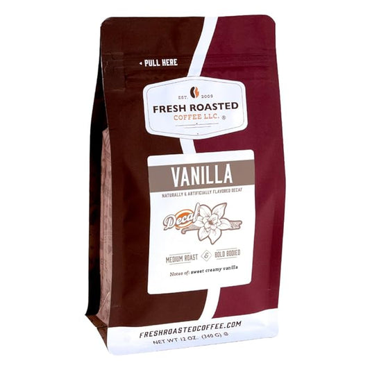 Fresh Roasted Coffee, Decaf French Vanilla Flavored Coffee, 12 oz, Medium Roast, Kosher, Whole Bean