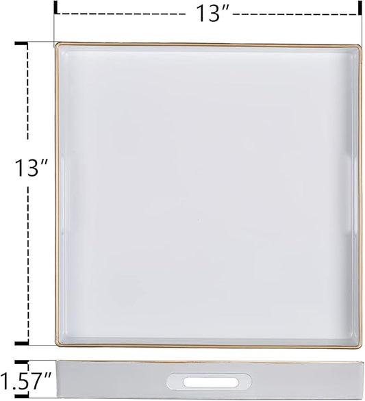 MAONAME 13" Decorative Tray, White Serving Tray with Handles, Coffee Table Trays, Square Plastic Trays for Ottoman, Bathroom, Kitchen