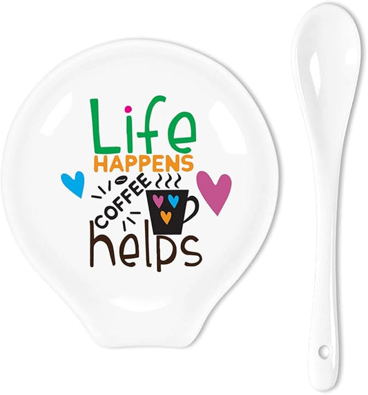 Funny Coffee Quote Colored Pattern Ceramic Coffee Spoon Holder-Coffee Spoon Rest -Coffee Station Decor Coffee Bar Accessories-Coffee Lovers Gift for Women and Men (Life Happens Coffee Helps)