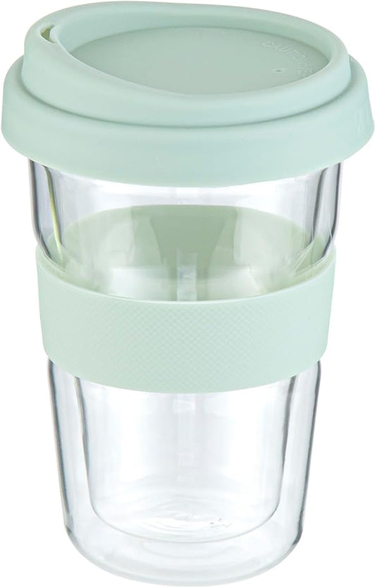 Restaurantware Glass Travel Mug 1 Count 14 Ounce Double Wall Borosilicate Reusable Coffee Cup, Spill-Resistant Mint Green Silicone Lid, Clear Drinkware Mug for Hot and Cold Beverages